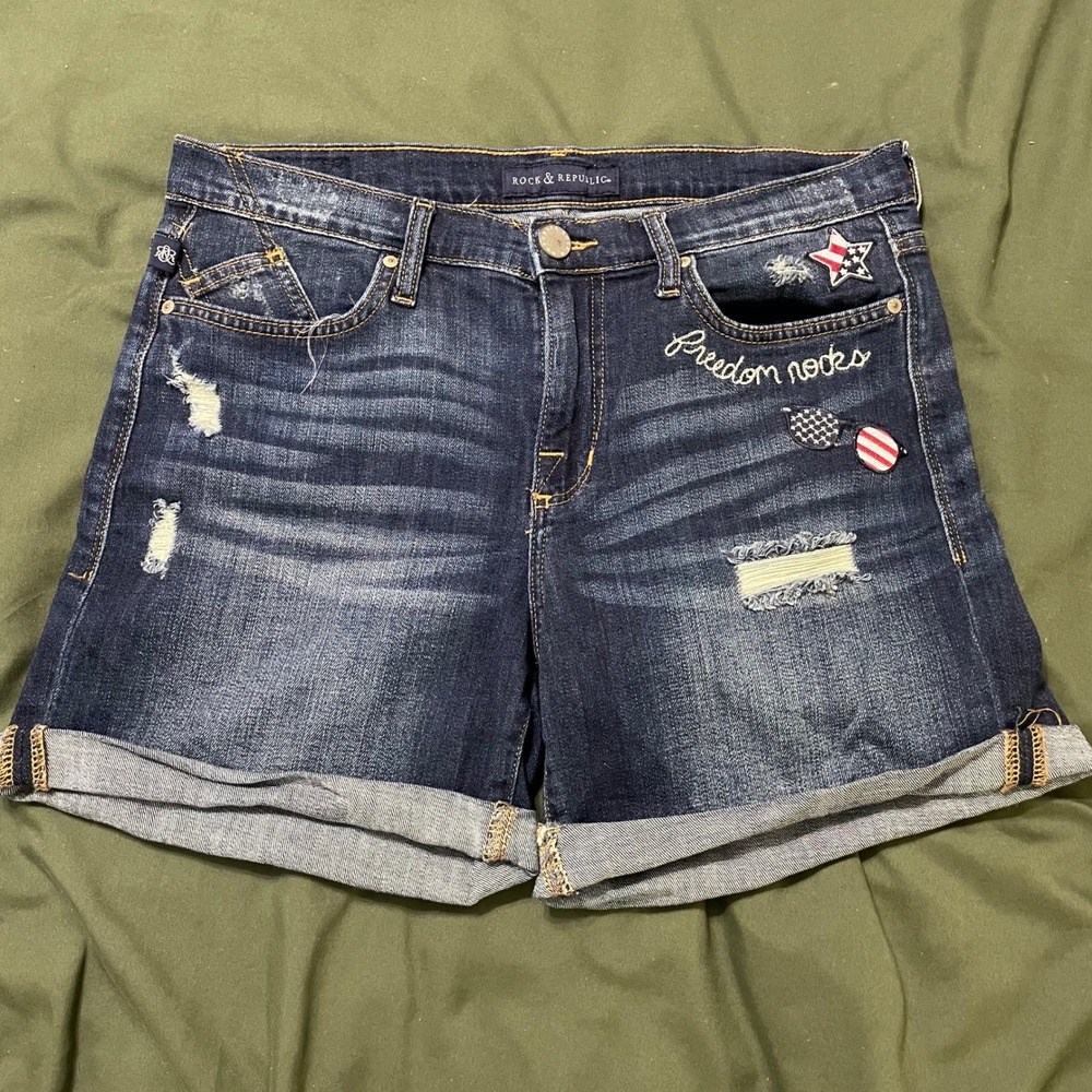 Rock & Republic Denim Shorts Womens 12 Blue Freedom Rocks Patriotic Distressed